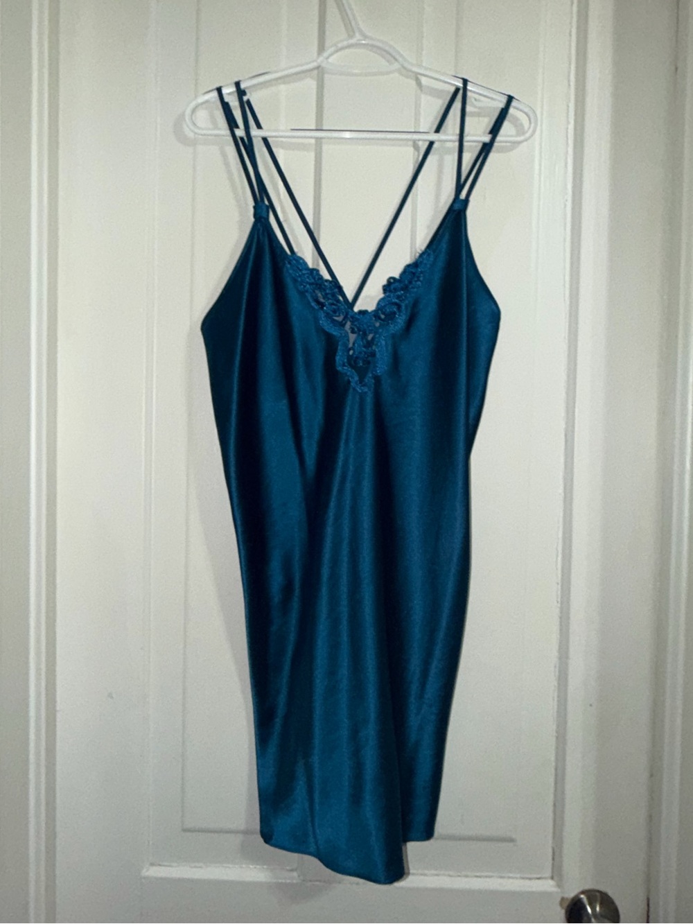 Vintage Women's size medium Teal Satin Slip Dress Lace Trim night gown sleep